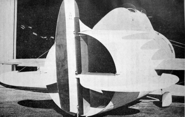 The vertical and horizontal stabilizers mounted at the rear of the fuselage tube allow air from the engine to flow over the control surfaces. (Author unknown)